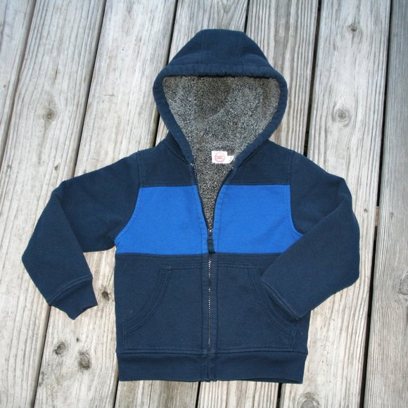 FUZZY SHERPA Zipper Hoodie Boy 4/5 Warm Bright Blue & Navy Light Jacket Layering - Picture 1 of 16